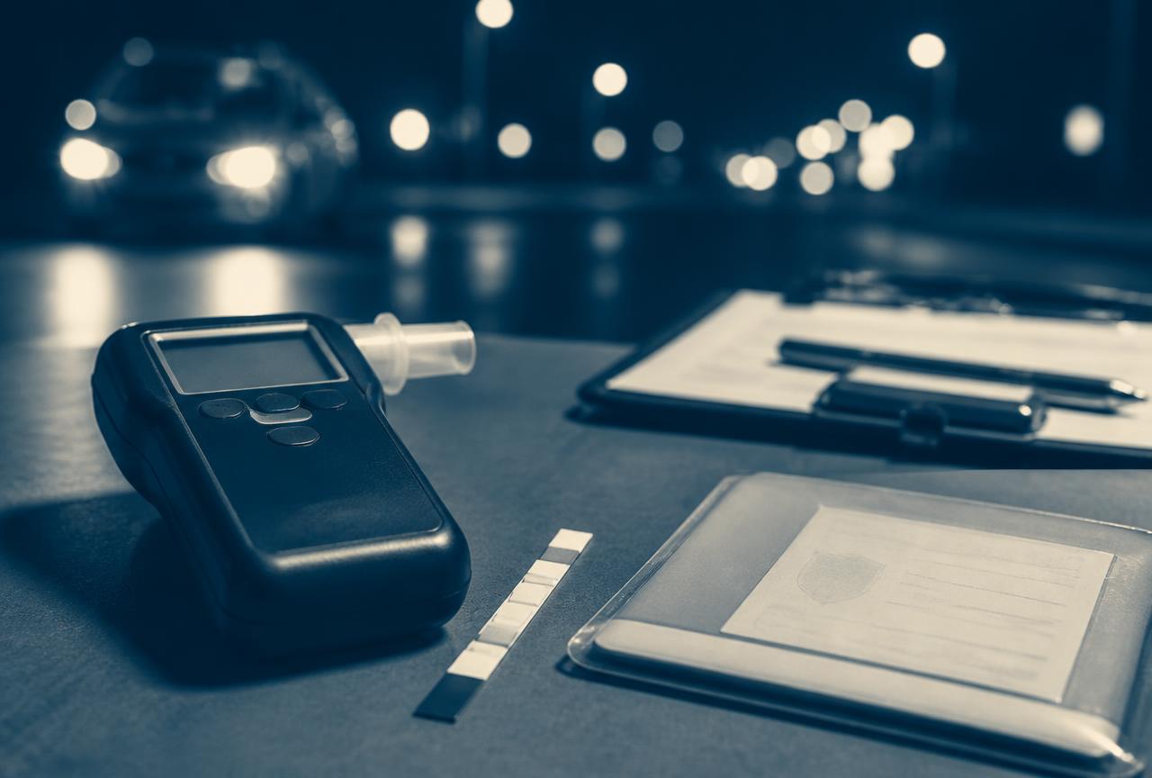 Éthylomètre et permis de conduire posés sur un bureau lors d'un contrôle routier de nuit