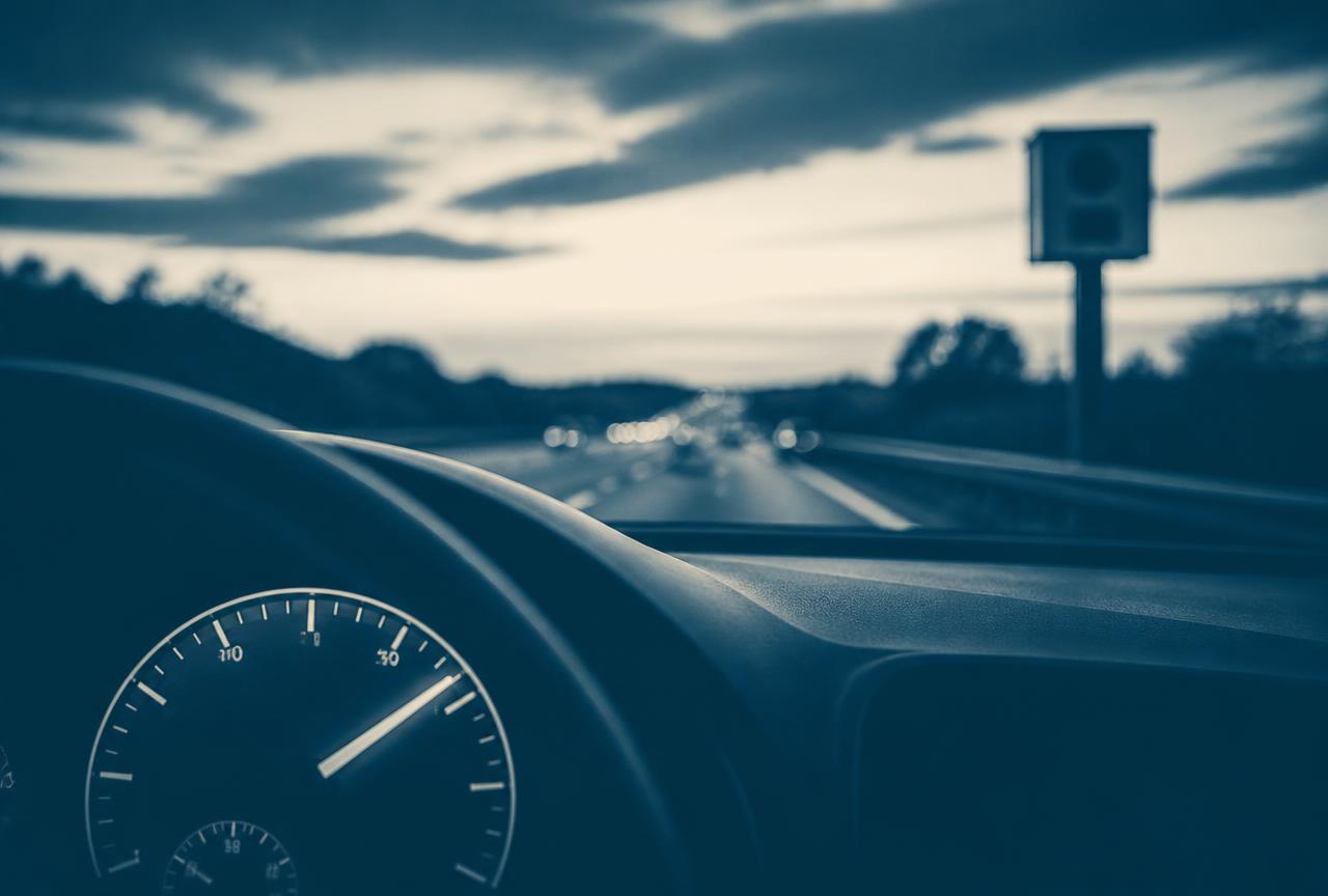 Compteur de vitesse d'un véhicule sur une voie rapide au crépuscule, radar en bord de chaussée